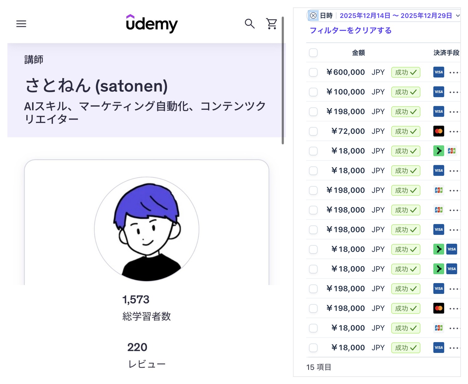 Udemy講師ページ(総学習者数1,573)と、ローンチ時の決済一覧の一部