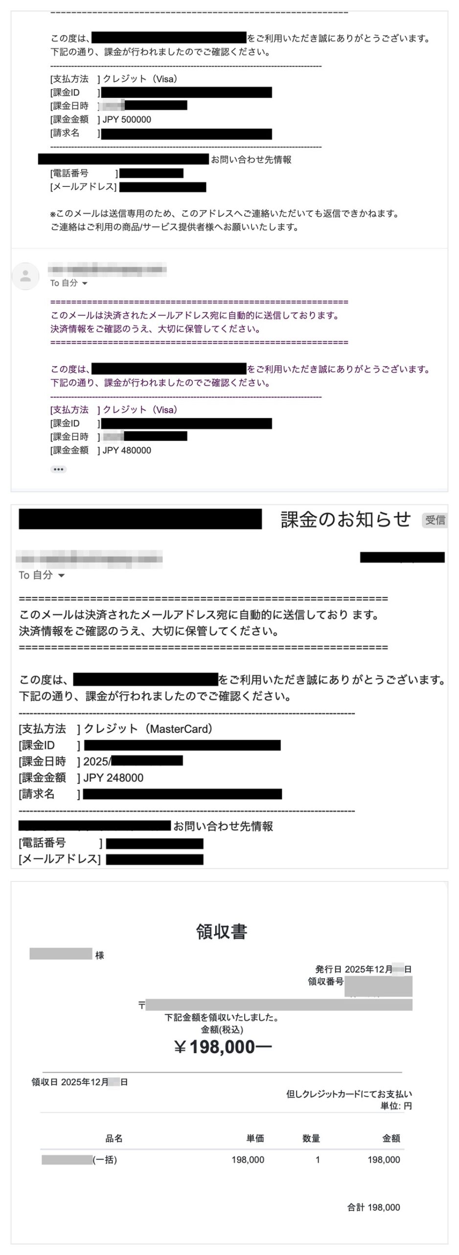 自己投資の領収書と課金のお知らせ(名前と日付の一部を伏せたもの)